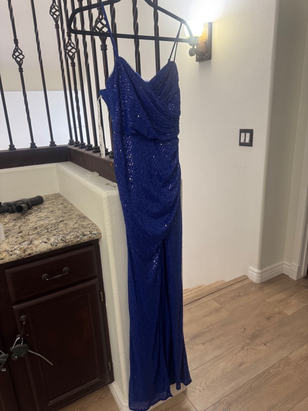 Jules and Cleo Elegant Royal Blue Sequin Spaghetti Strap Evening Gown